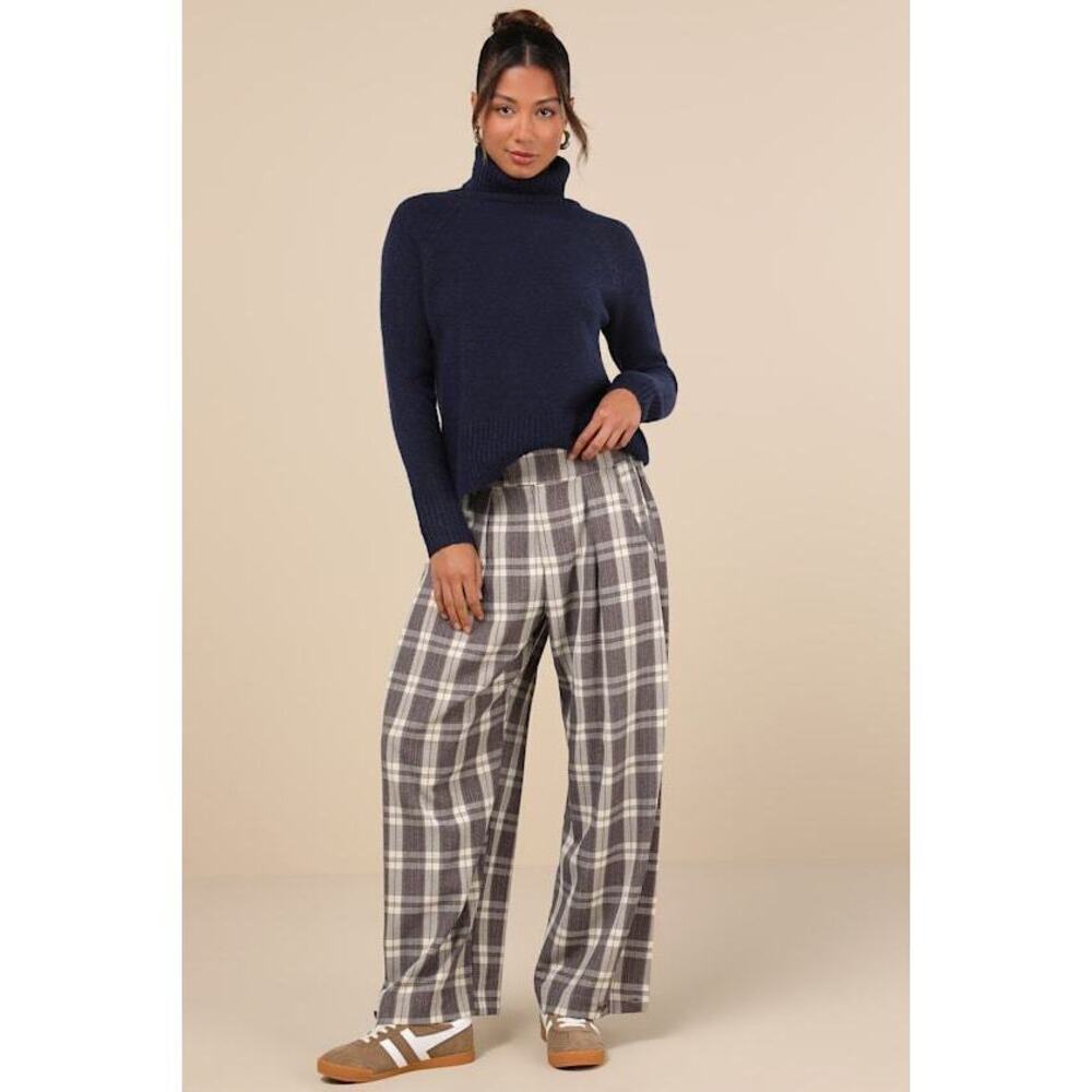 Lulus Uniquely Stylish Grey And Mauve Plaid High-rise Wide-leg Pants - Size M